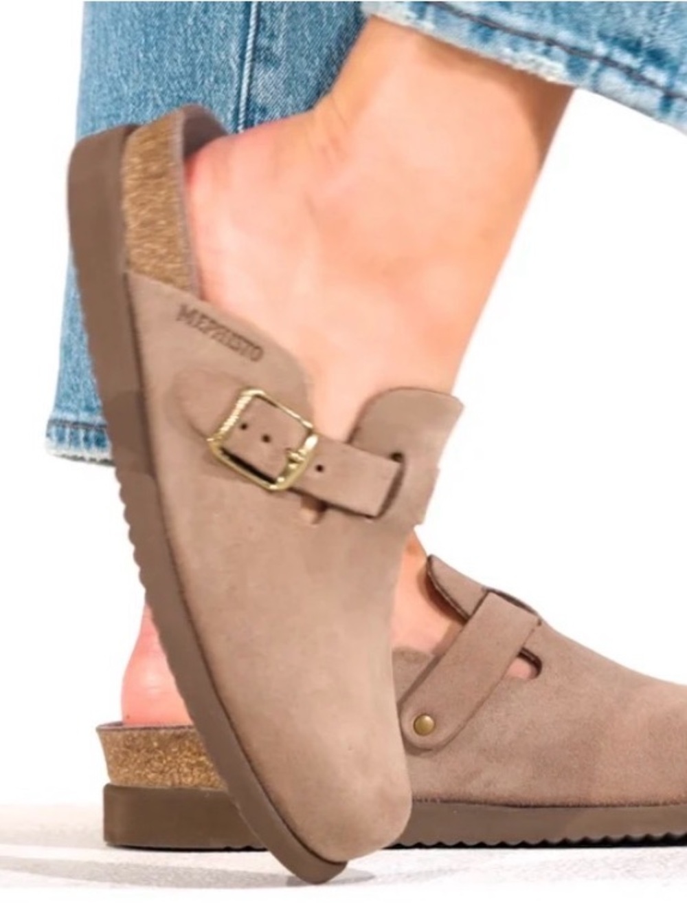 Mephisto Women's Taupe Suede Slip-On Mules with Brass Buckles